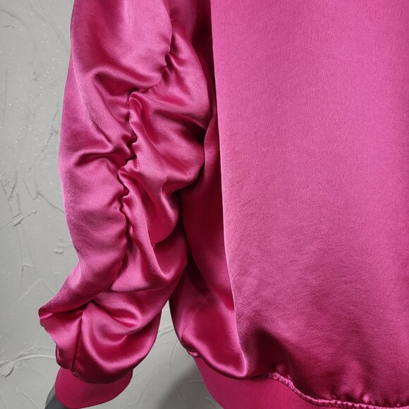 EXPRESS~SZ L~BRIGHT PINK SATIN LIKE FULL ZIP RUCHED SLEEVE BOMBER JACKET COAT - Picture 14 of 16